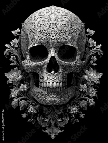 Detailed skull art floral design gothic skull illustration dark art skull and flowers skull artwork intricate skull