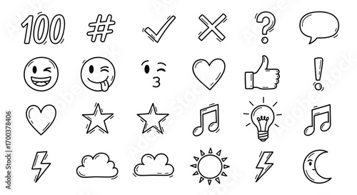 Doodle icon set sketch style vector illustration with emoji heart star music cloud sun and speech bubble design