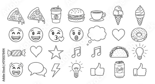 Outline emoji pizza burger coffee ice cream donut taco candy heart star music light soda sketch set