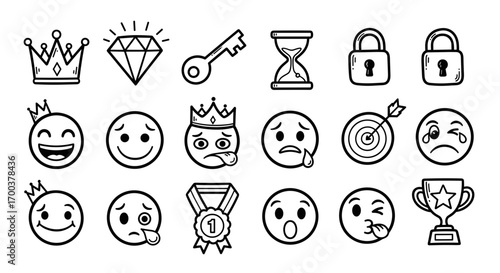 Crown diamond key hourglass lock target trophy medal emoji face sad happy doodle vector illustration design