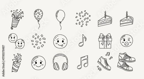 Celebration party with balloon cake gift music confetti and emoji birthday fun vector doodle drawing set is here