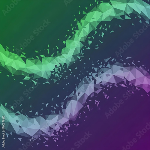 Striking polygonal aurora waves that flow diagonally, crafted with low poly geometric facets in luminous green and purple gradients abstract, Polygonal Aurora Waves Abstract Low Poly Vector Background
