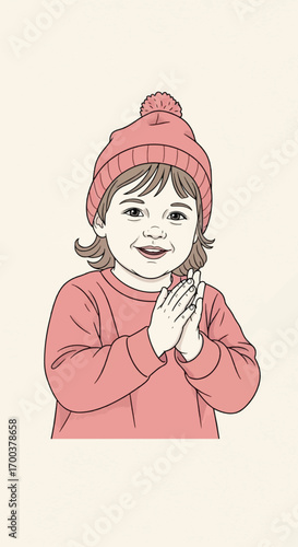 A charming illustration of a happy little girl in a pink beanie and sweater, smiling warmly with her hands clasped.
