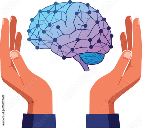 Human brain with neural network connections held by two hands symbolizing mental care and cognitive health vector illustration