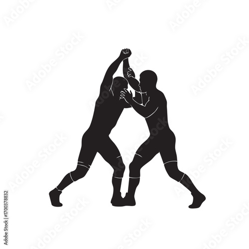 Minimalist Vector Illustration of Two Wrestlers in Dynamic Action Silhouette in Monochrome Style