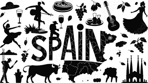Spain cultural icons silhouette, flamenco, bull, wine, food, map, guitar, dance, architecture, traditional dress, Spanish lifestyle, travel