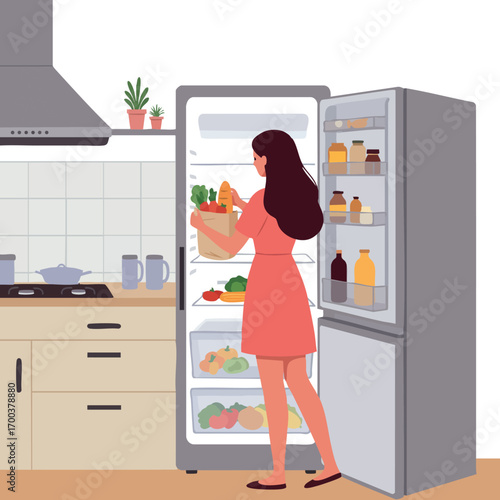 Woman in kitchen taking groceries out of fridge with fresh vegetables and drinks in modern home interior vector illustration