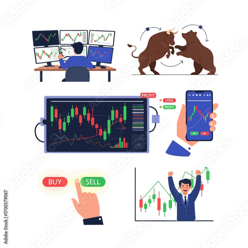 Bull vs Bear stock market trading concept with trading charts, candlestick graphs, digital app on phone and man celebrating successful trade, representing financial investment and economic analysis