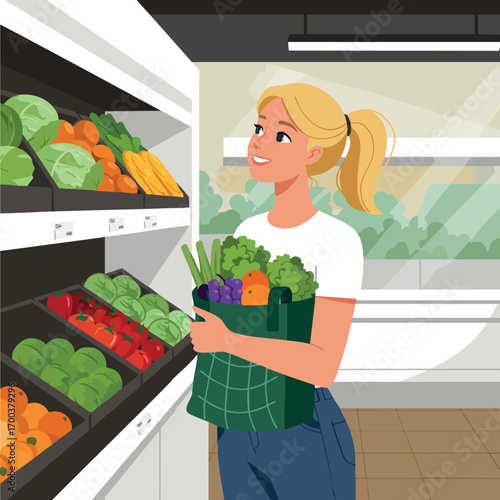 Young woman shopping fresh vegetables in grocery store holding reusable bag full of healthy produce for lifestyle wellness and eco-friendly habits