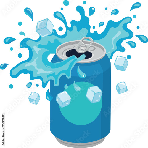 Blue soda can with splashing water and ice cubes vector illustration showing refreshing cold drink