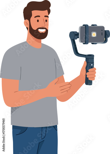 Man recording video with smartphone gimbal stabilizer for smooth footage technology and content creation