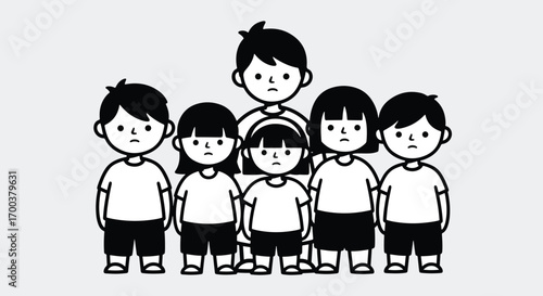 A group of children standing together, one slightly taller than the others.