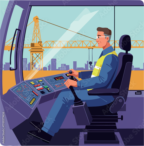 Construction crane operator controlling heavy machinery at building site with city skyline background vector illustration