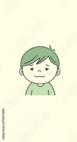A simple cartoon illustration of a young boy with green hair and an awkward, troubled facial expression.