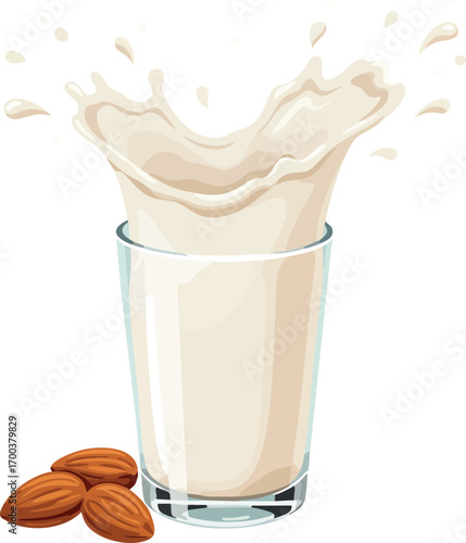 Almond milk splash in clear glass with whole almonds healthy dairy alternative drink vector