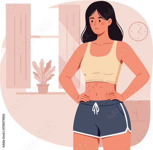Woman checking stomach in casual sportswear feeling concerned about body shape vector illustration