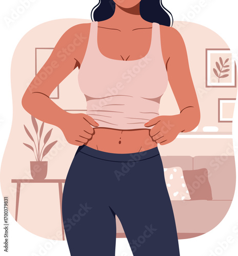 Woman checking weight and body fitness at home with casual clothing and living room background vector illustration