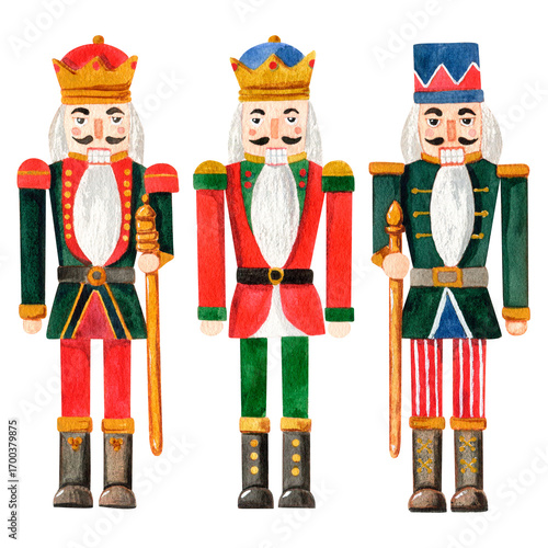 Set watercolor hand-drawn illustration of three different nutcrackers, ordinary, two nutcrackers with staffs. Make any compositions yourself. Can be used on fabrics and paper products and other