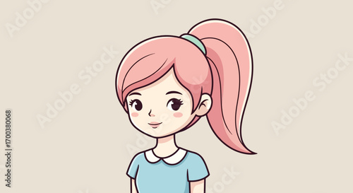 A charming cartoon illustration of a young girl with pink hair styled in a high ponytail.
