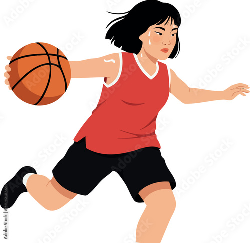 Female basketball player dribbling ball in red jersey and black shorts active sport vector illustration