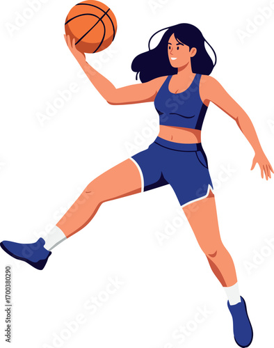 Female basketball player jumping with ball in blue sportswear vector illustration dynamic athletic action