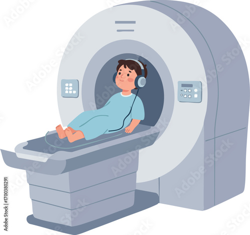 Child undergoing MRI scan inside medical imaging machine in hospital setting vector illustration