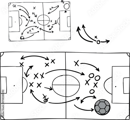 Soccer tactics board with strategic player movements and ball positioning for game planning and coaching strategies vector illustration