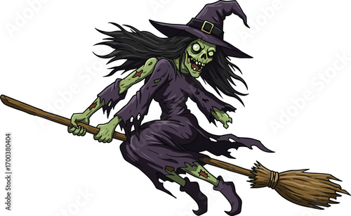 Cartoon zombie witch flying broomstick, undead Halloween witch, spooky green-faced witch, creepy witch character, haunted witch flying illustration