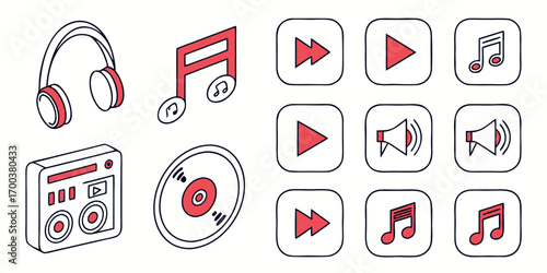 Set of music icons with headphones, speaker, cd, and notes
