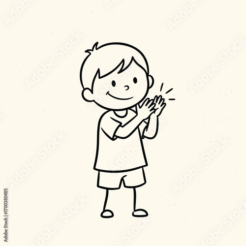 A boy clapping his hands, a simple black and white illustration.