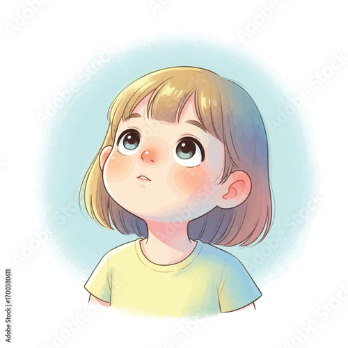 Charming anime-style illustration of a cute little girl with short blonde hair looking up with a thoughtful, curious expression.