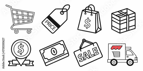 Shopping icons cart, tag, bag, box, money, sale, truck