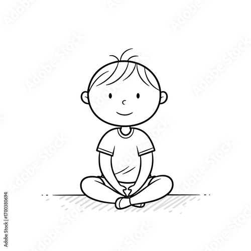 Simple black and white line drawing of a smiling young boy sitting cross-legged on the floor.