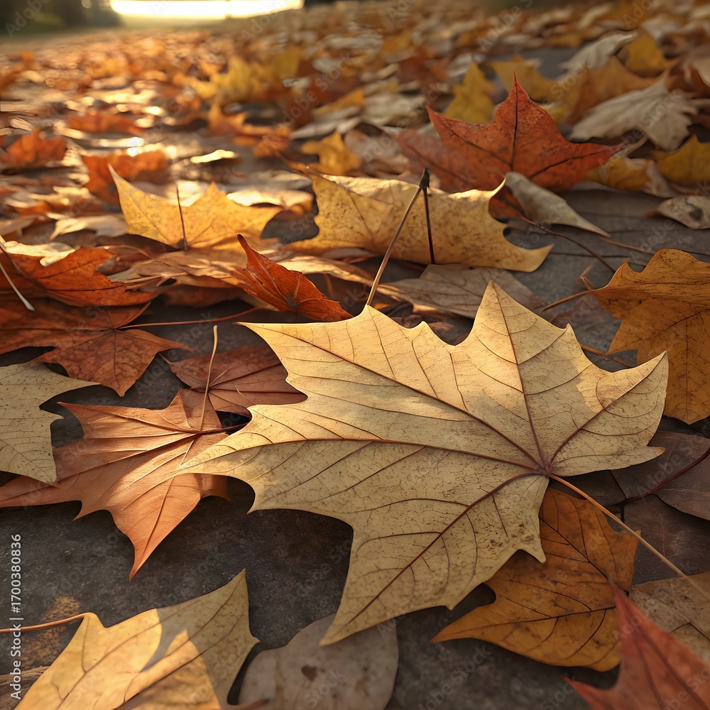 Fototapeta premium Autumnal Leaf Carpet: A serene capture of fallen leaves in various warm hues creating a vibrant natural carpet. Witness the beauty of the season's transition in a close-up view.