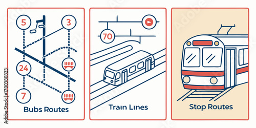 Illustrations of bus routes, train lines, and stop routes with numbers