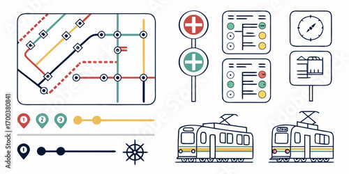 Collection of transportation and navigation icons with map and train elements