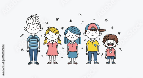 A diverse group of five cartoon children standing together, smiling and looking forward.