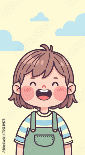 A cheerful cartoon child with short brown hair and rosy cheeks, wearing a striped shirt and green overalls, smiling happily against a light yellow sky with clouds.