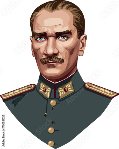 Mustafa Kemal Atatürk military portrait detailed vector illustration with blue eyes and mustache