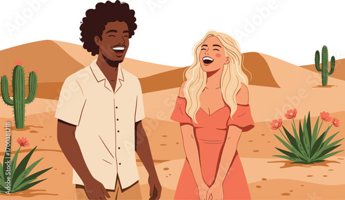 Happy couple laughing together in desert landscape, cactus and flowers in background, summer travel adventure scene, flat vector illustration