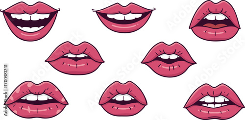 Pink lips set with various expressions and open mouth vector illustration for design and communication purposes