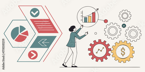 Woman interacting with business analytics charts and gears