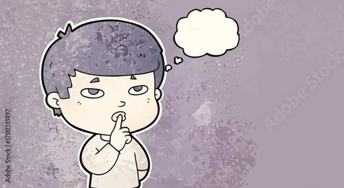 Cartoon illustration of a thoughtful boy with a thought bubble, on a textured background.