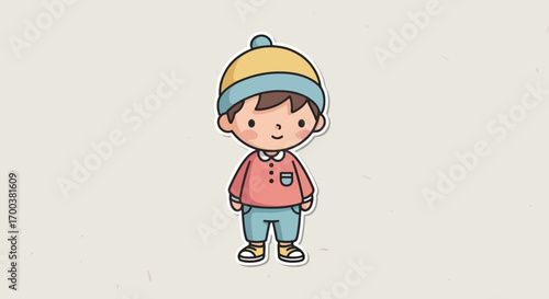 A cute cartoon illustration of a little boy wearing a beanie and winter clothes.
