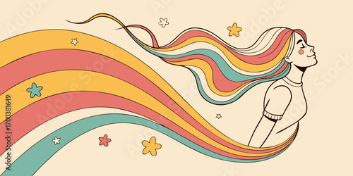 Woman with colorful flowing hair and stars