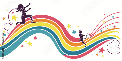 Children jumping on a rainbow with stars and clouds