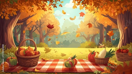 Wallpaper Mural A beautiful autumn scene of a picnic set up in a park with a basket, pumpkins, and a warm sunset. A scenic and cozy fall illustration creating a natural frame for text Torontodigital.ca