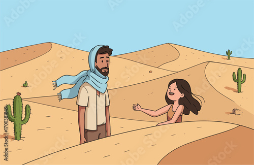 Man and woman walking in desert landscape, sand dunes and cactus in background, wearing scarf and smiling, flat vector illustration