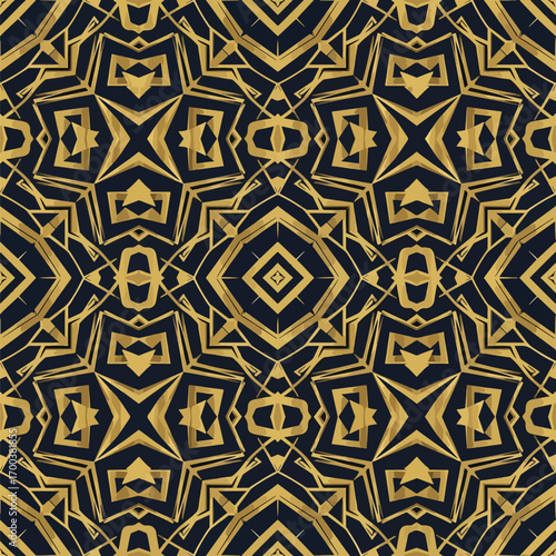 Elegant geometric pattern in gold and navy featuring symmetrical shapes and lines, patern seamless, royalty stock.