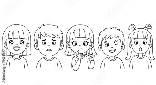 Four children with different facial expressions, black and white line art.